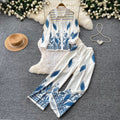 Export cross-border retroprintingfashiontwo-piece set women's polo collar long sleevesshirtloose pantselegantwork clothingsuit