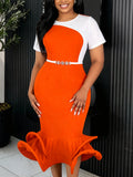 new arrival slimming high-waisted short-sleeve dress - color block panel, cinched waist belt, fishtail skirt dresses