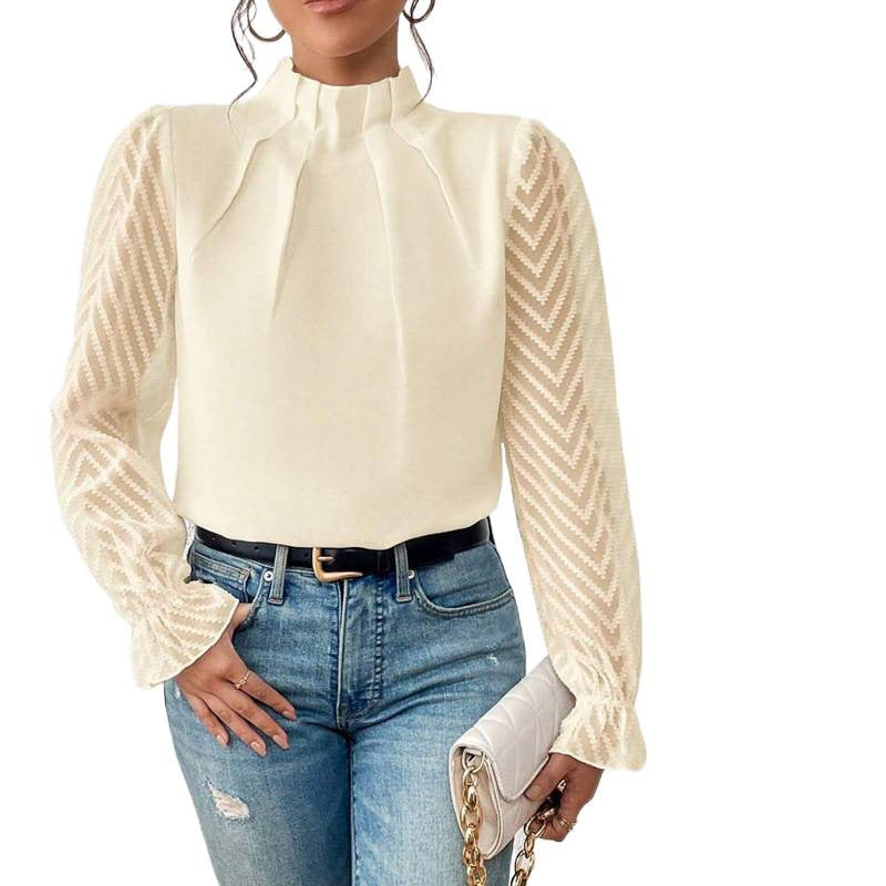 european and american cross-border women's fashion: new autumn/winter half-high neck, wavy pattern chiffon long sleeve top