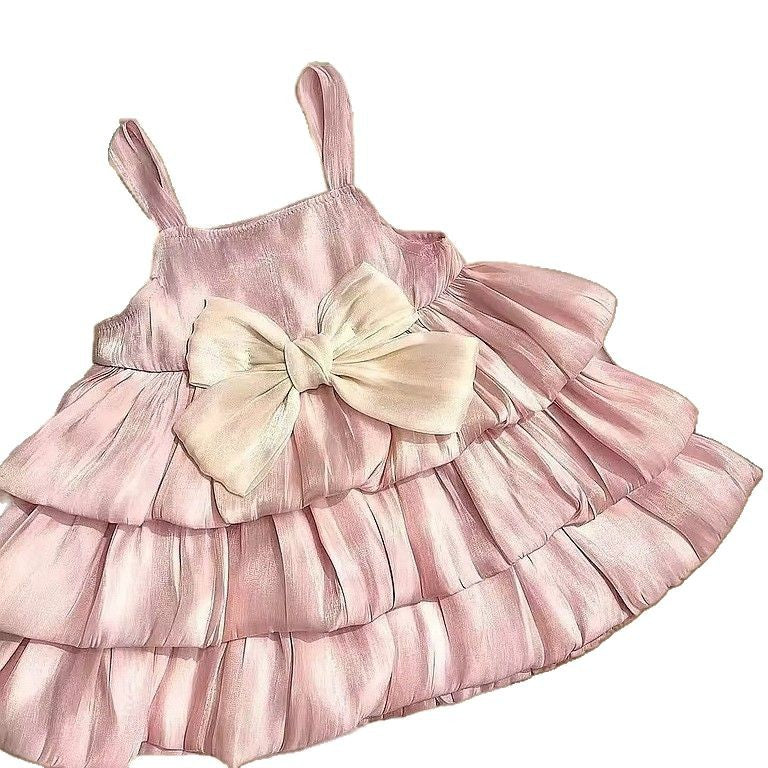 Girls' spaghetti strap satin cake dress -  summer new arrival: stylish, sweet, comfortable, and skin-friendly fashion for your little girl