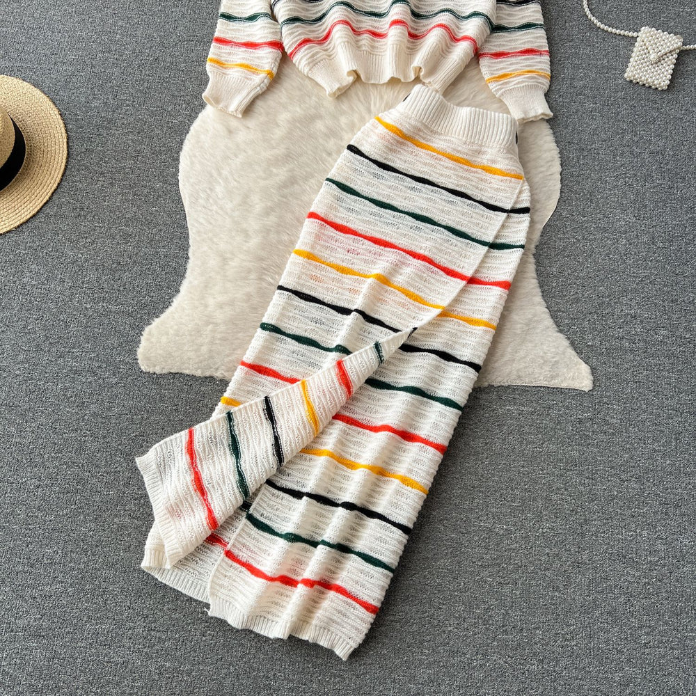 Fall and winternew arrival hong kong style retroknittingsuit women's long sleevesloose round neck stripestopsniche stylesense of design long skirt