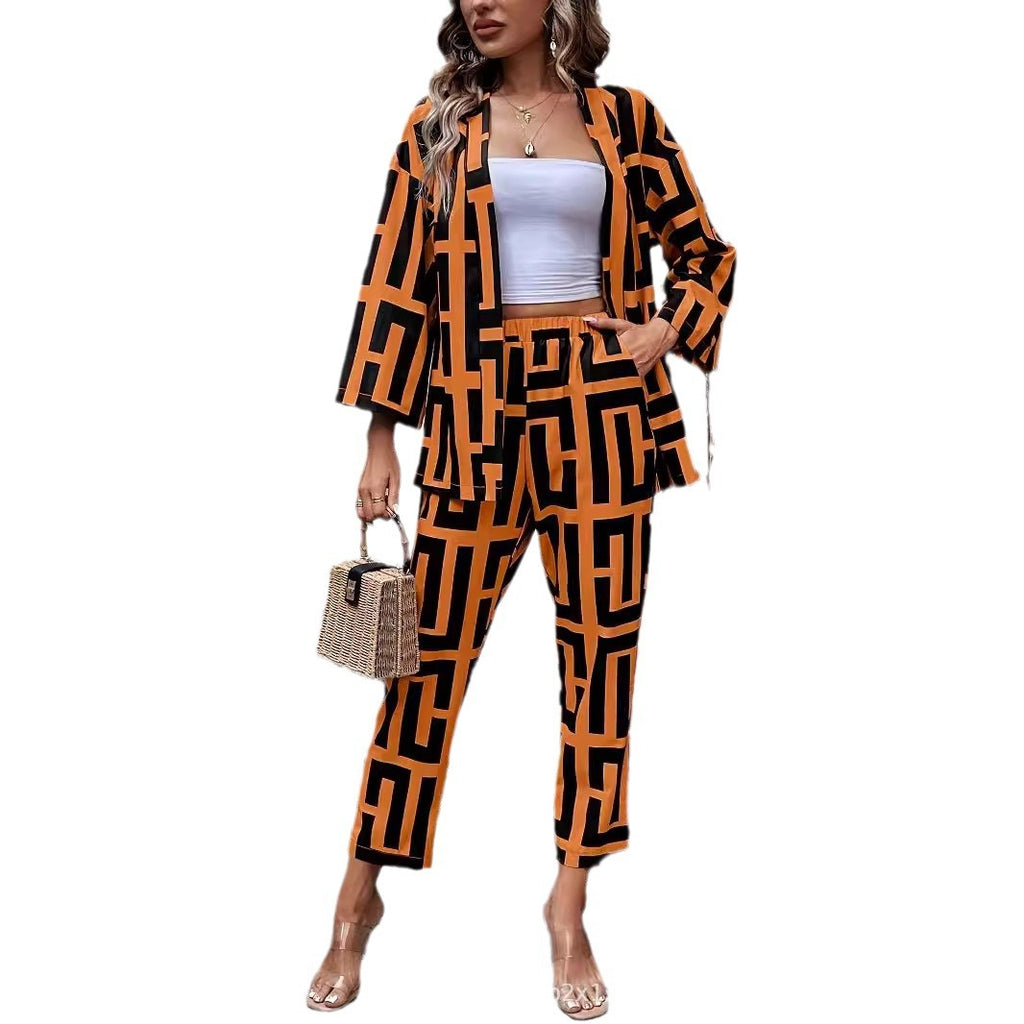 European and American   2024 Spring and Autumn  casual striped pattern cardigan long-sleeved pants set