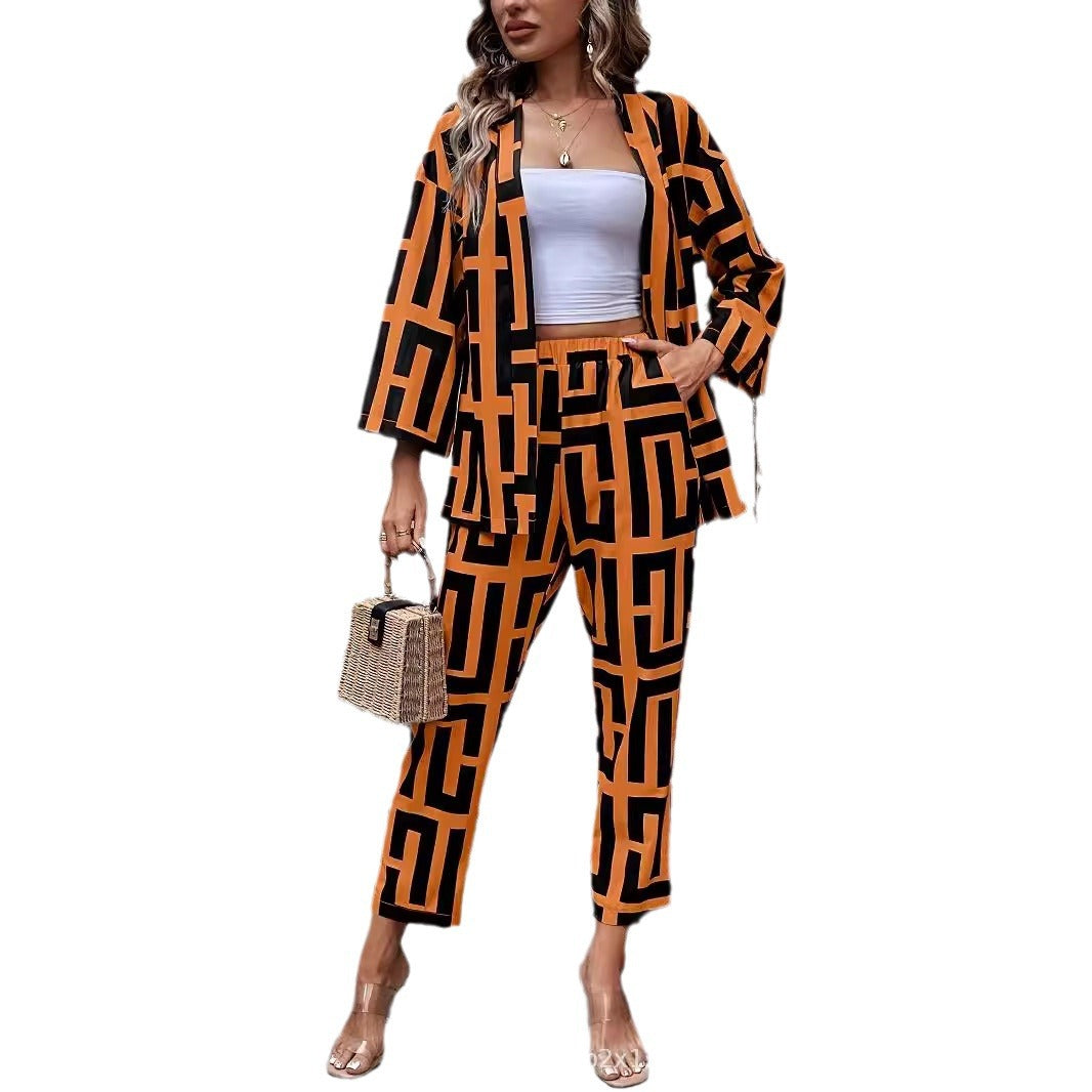 European and American   2024 Spring and Autumn  casual striped pattern cardigan long-sleeved pants set