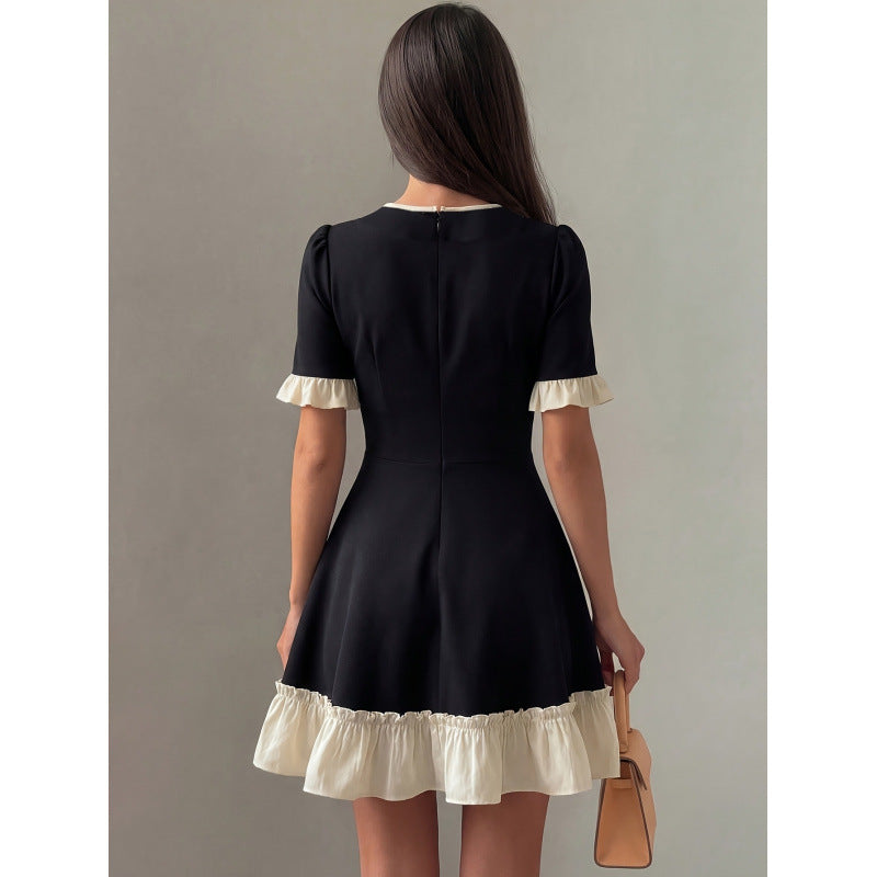 Women's summer new arrival: elegant and romantic color block v-neck ruffle trim tie-waist a-line mini dress