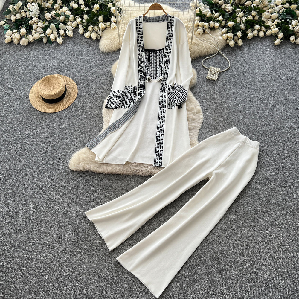 Lazy style knittingcardiganloose pantstwo-piece setfemaleautumwork clothingslimming looksuitsweaterthree-piece set