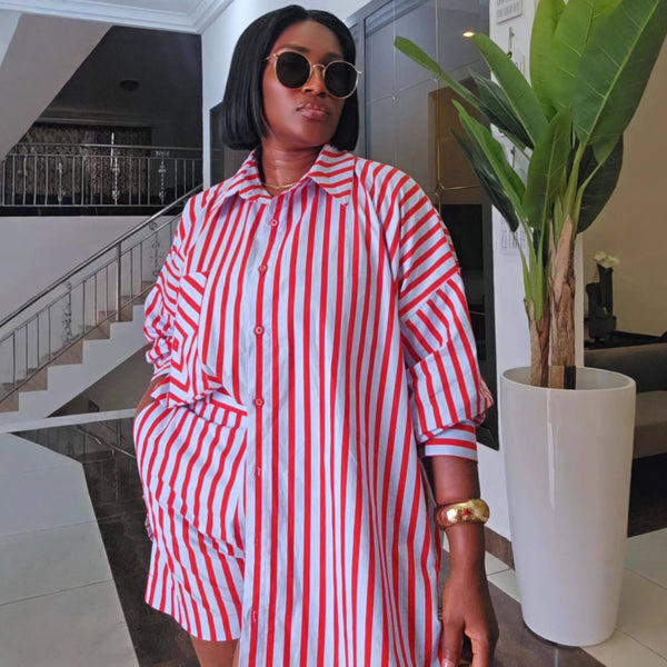 European and American large size vertical striped long-sleeved shirt women's sexy backless shirt African fashion casual shorts women's suit