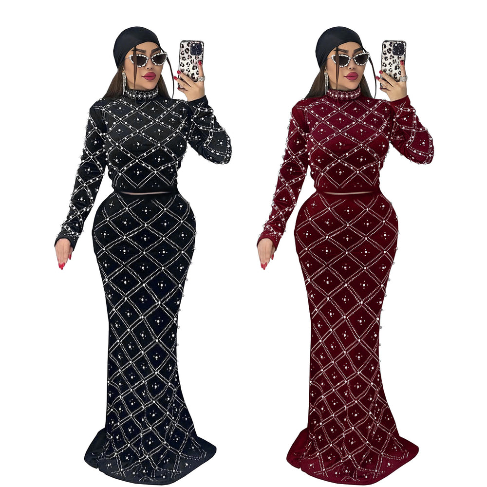 C7618 cross-border   fashion women's elegance hot diamond bubble beads tops long skirt two-piece set