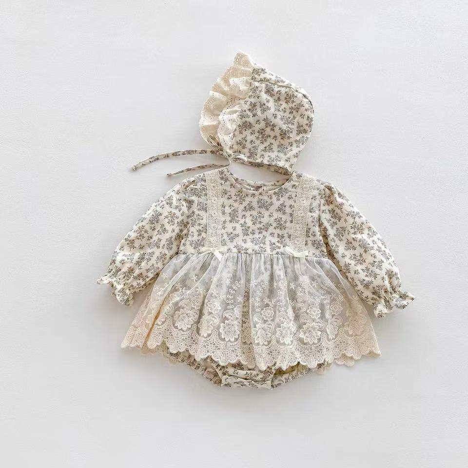 Autum style foreign style dress princess jumpsuit baby clothes baby autum floral bag butt bag butt clothes lace