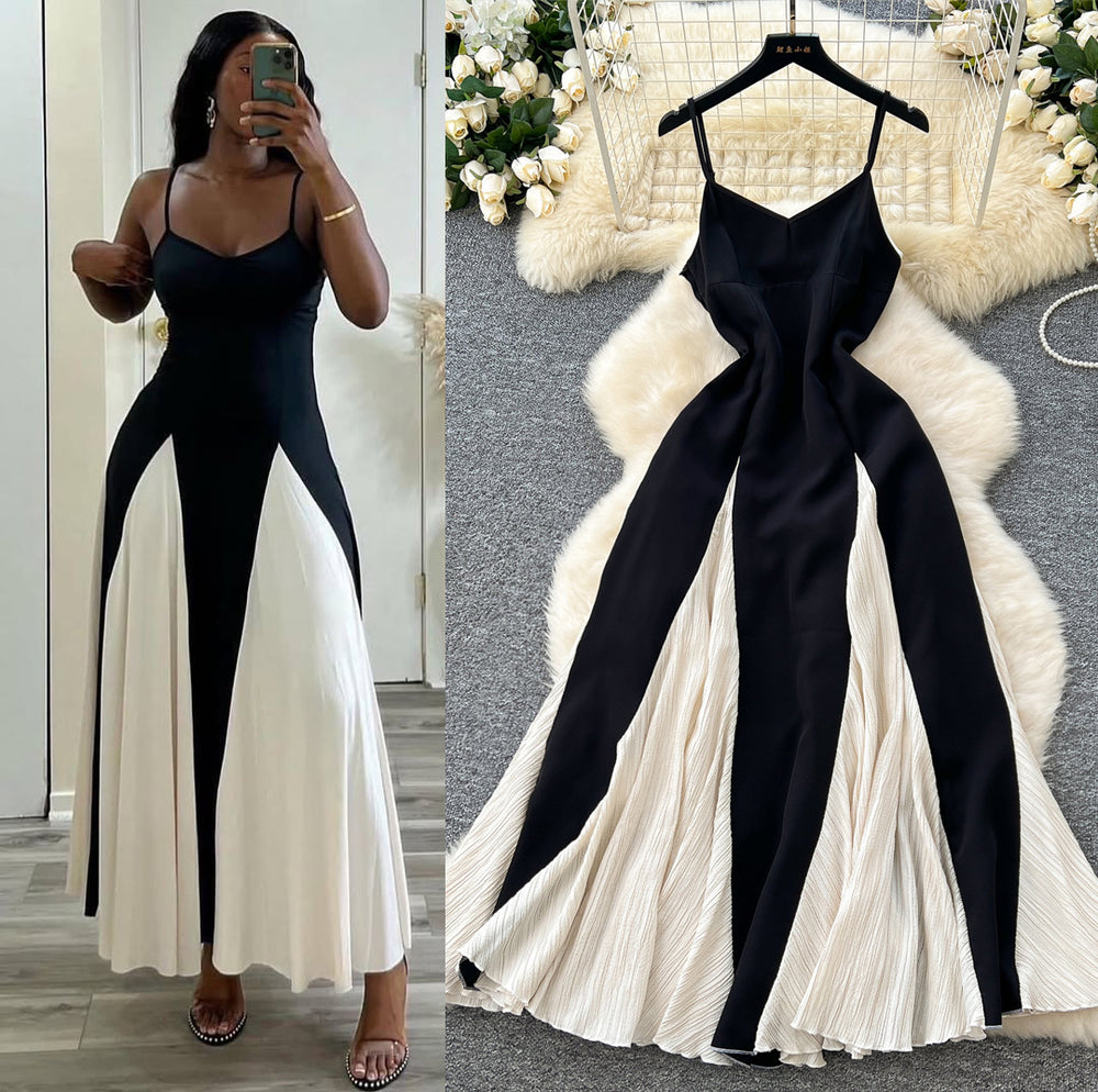 summerelegancesexy color matching suspender dress for women vacation style waist ruffles large swing dress long skirt