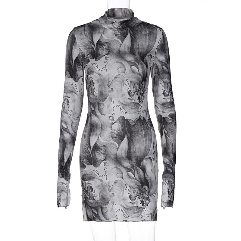 Cross-border European and American women's clothing long-sleeved semi-turtleneck printing slim-fitting fresh girl jumpsuit high waist and thin three-dimensional printing