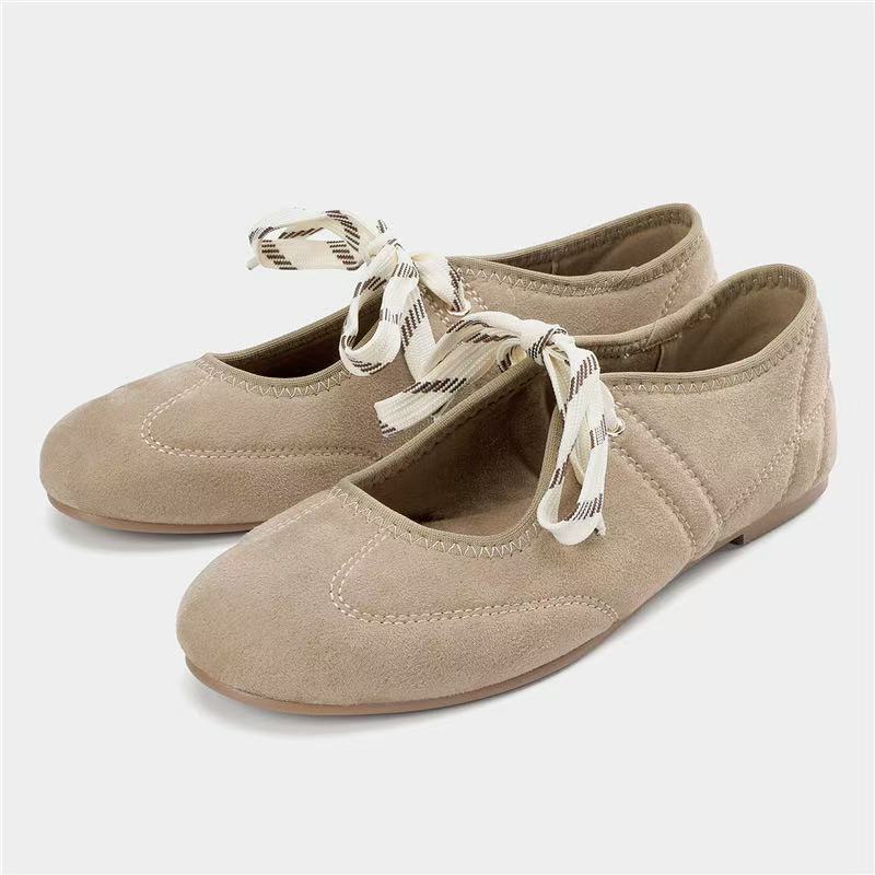 Za2026 summer new women's shoes - beige brown suede lace-up ballet flats with front tie