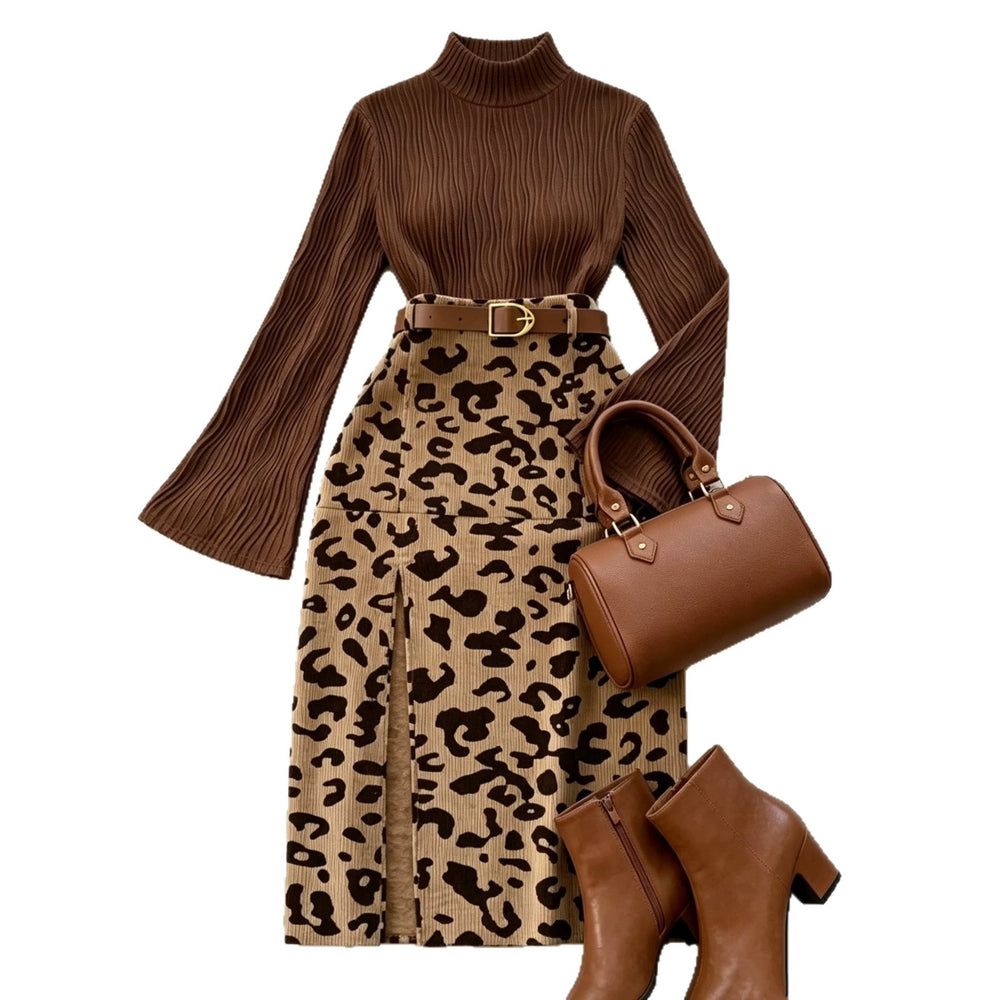 cross-border fashion women's elegant commute round neck flare long sleeve coffee leopard print midi skirt set