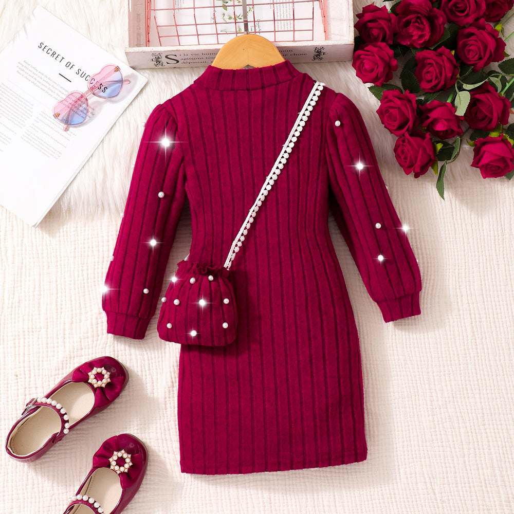 Girls' striped long-sleeve dress with pearl accents (toddler & little girl)