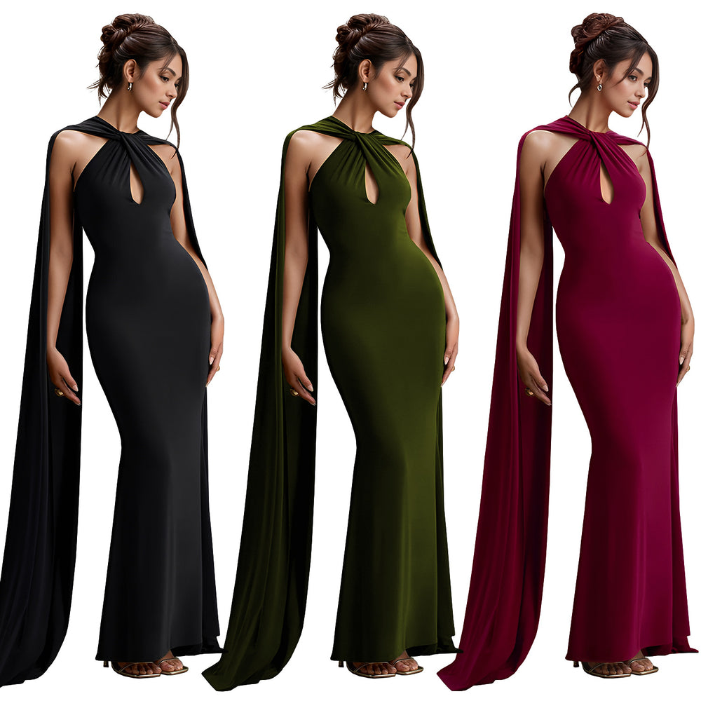 C7278 cross-border   fashion women's casual elegant long dress with ribbon detail - solid color