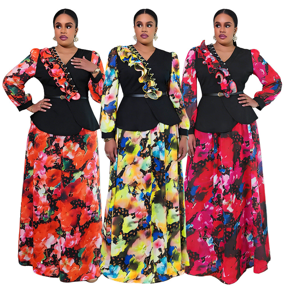 new african plus size women's chiffon printed two-piece v-neck dress set -  cross-border e-commerce