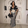 Amazon source goods: new summer european and american style women's sexy v-neck hollow-out striped knitted maxi dress set