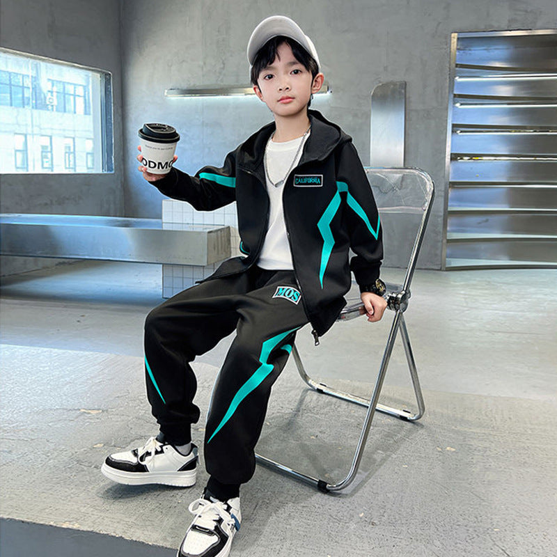 Fall and winternew arrivalkidsoutwearfleece-linedheattech hooded sweatshirt sweatpants suit small and medium-sized boys casual sports suit