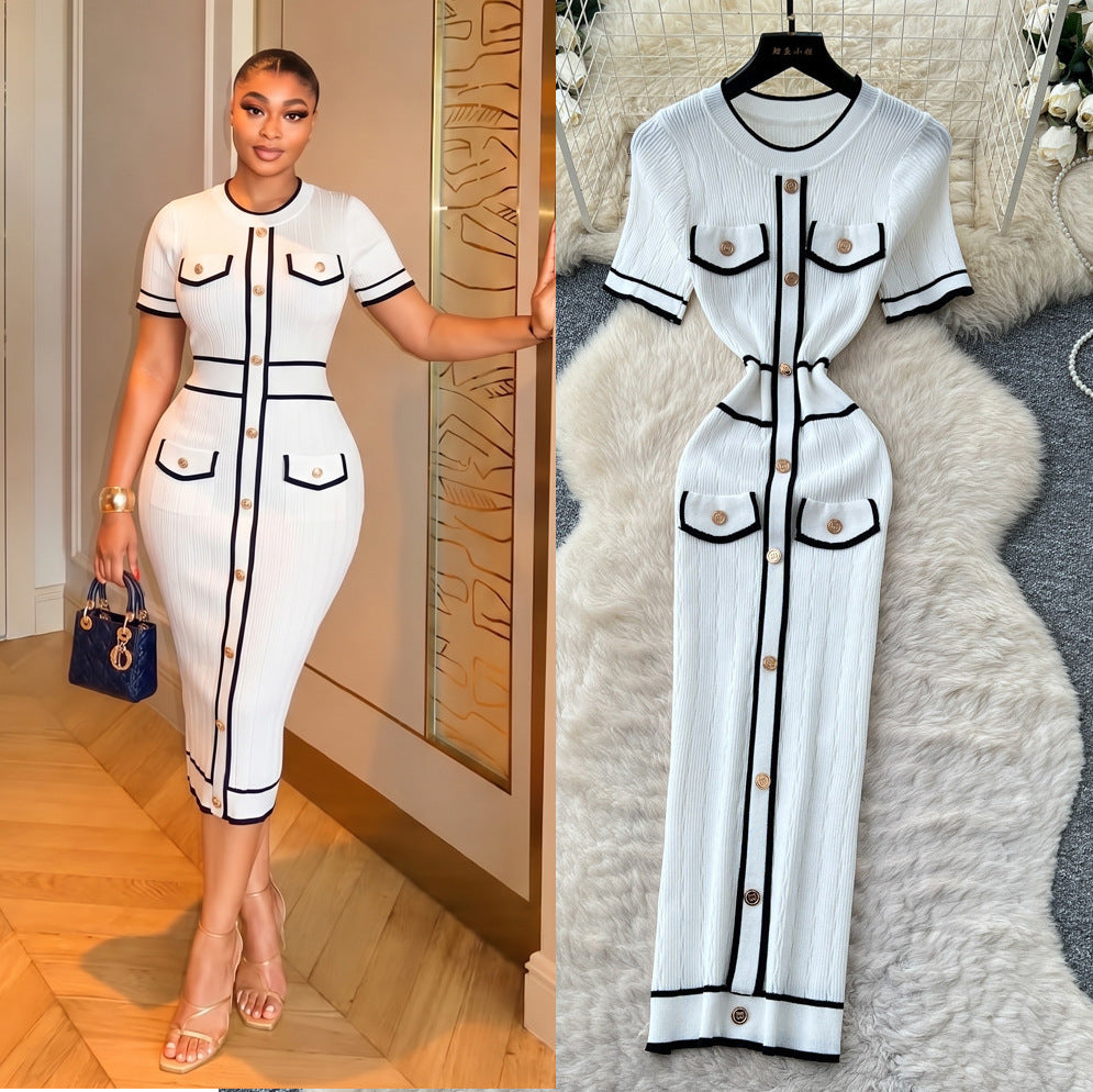 Accessible luxury tweed styleknitting gentle dress women's summer metal buckle silmslimming looka-line eleganceelegant long skirt