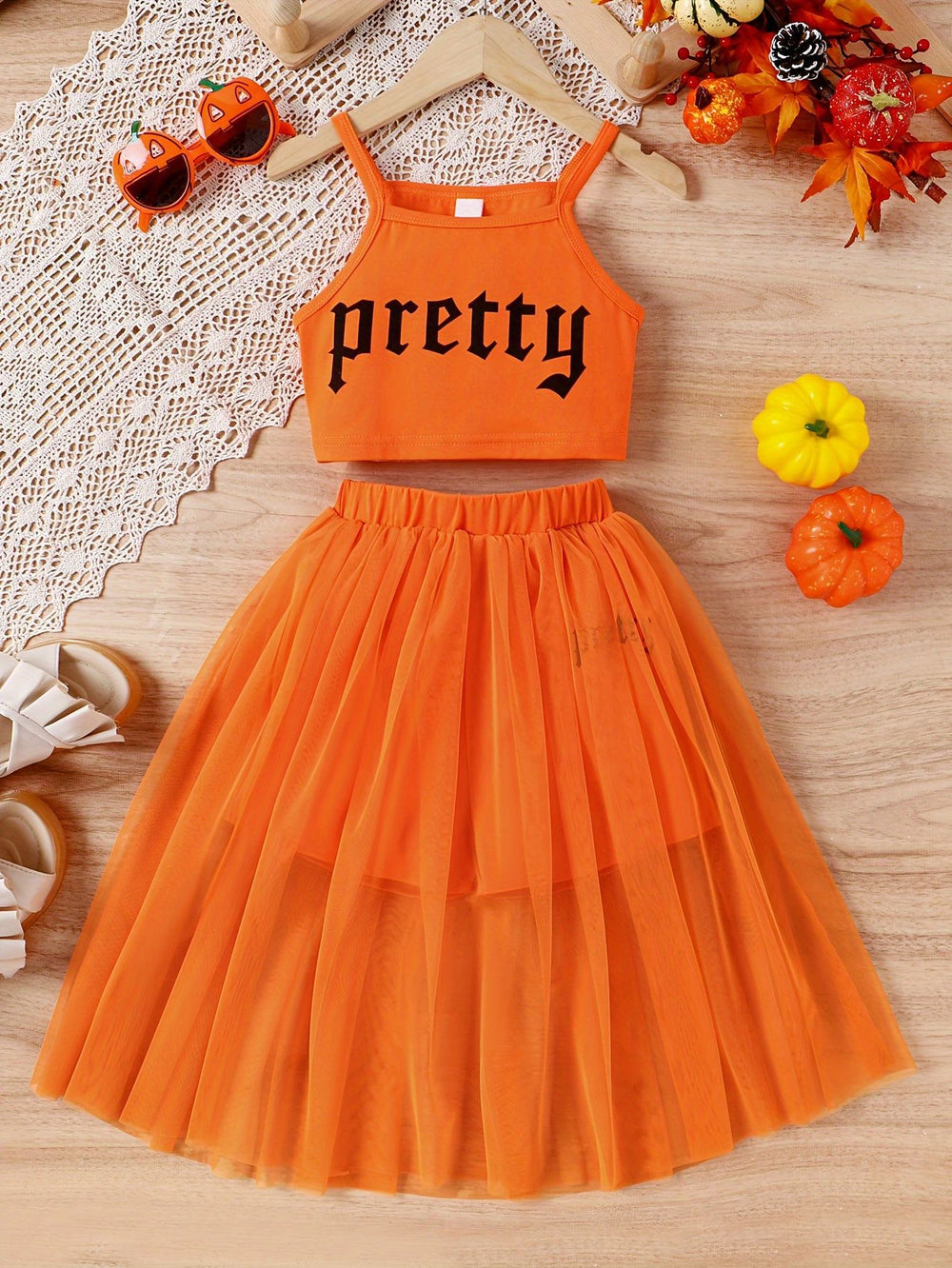 european and american style cross-border girls' printed camisole top + mesh skirt set (includes big kids' sizes)