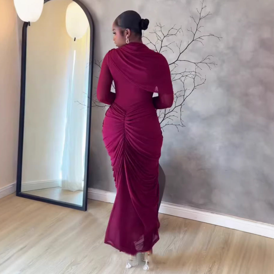 European and american cross-border women's spring  new arrival: elegant solid color, designer slim-fit pleated bodycon maxi dress