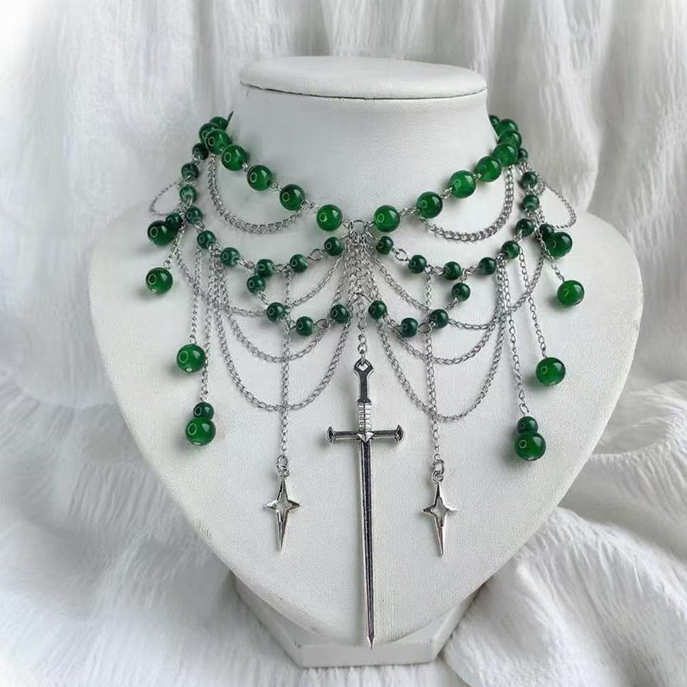 Stacked tassel necklace wholesale european and american cross-border retro gothic style accessories green beaded multi-layer choker necklace