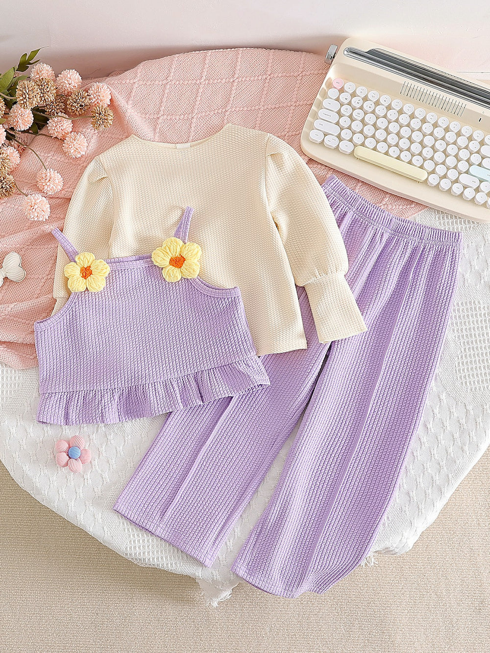 new autumn cross-border girls' 3-piece set: 3d floral cute camisole, long-sleeved top, and pants