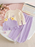 new autumn cross-border girls' 3-piece set: 3d floral cute camisole, long-sleeved top, and pants