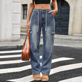 Fashion cross-border export  new style straight-leg jeans women's american casualtie back multi-pocket workwearjeans
