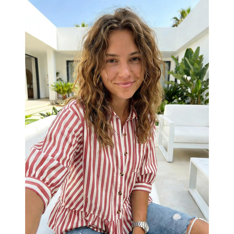 fashion button stripesshortshirt women's  summer new elegant formal casualtops