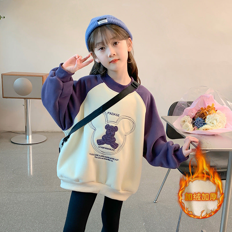 Girls' hoodie -  spring/autumn new korean style, stylish winter outfit, mid-to-large children's one-piece fleece jacket, thickened top