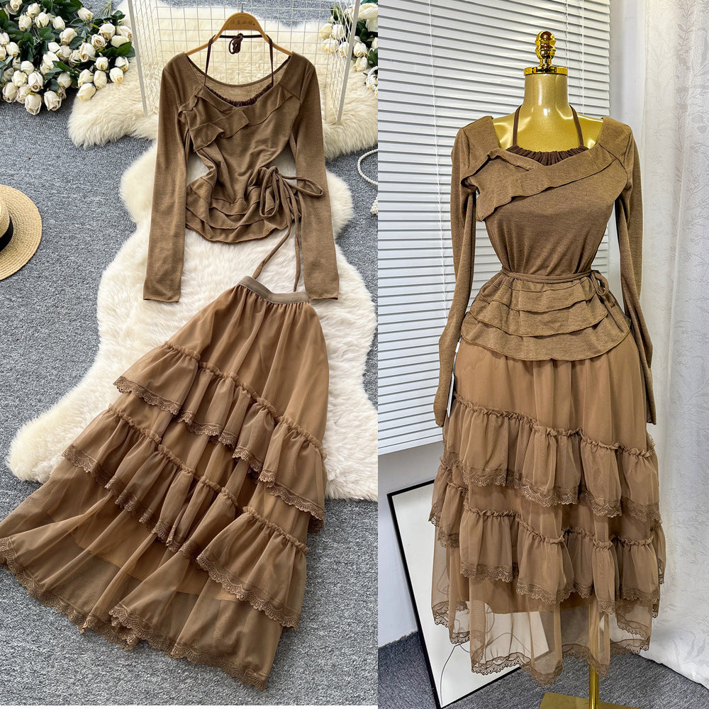 Commuting style ruffleshalter mesh two-piece set female autumslimslimming lookhigh waistsuitautum wear