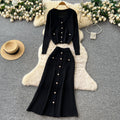 Xiaoxiangfengclassyfashionv neck metal button knittingcardigantops women's high waistslimming look skirt two-piece set