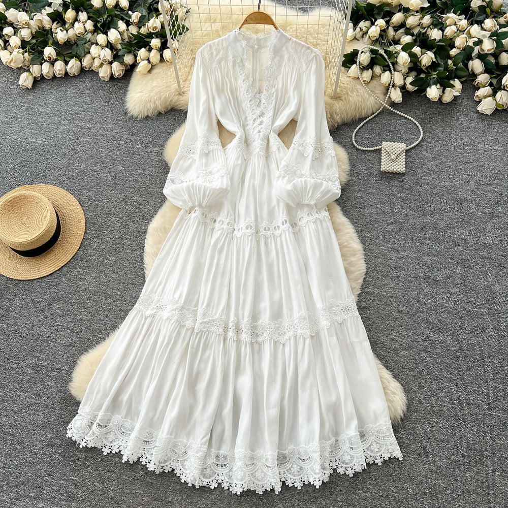 Vintage court style puff sleeve dress - women's autumn hollow-out crochet crossover neck design - exquisite elegant maxi dress