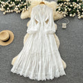 Vintage court style puff sleeve dress - women's autumn hollow-out crochet crossover neck design - exquisite elegant maxi dress