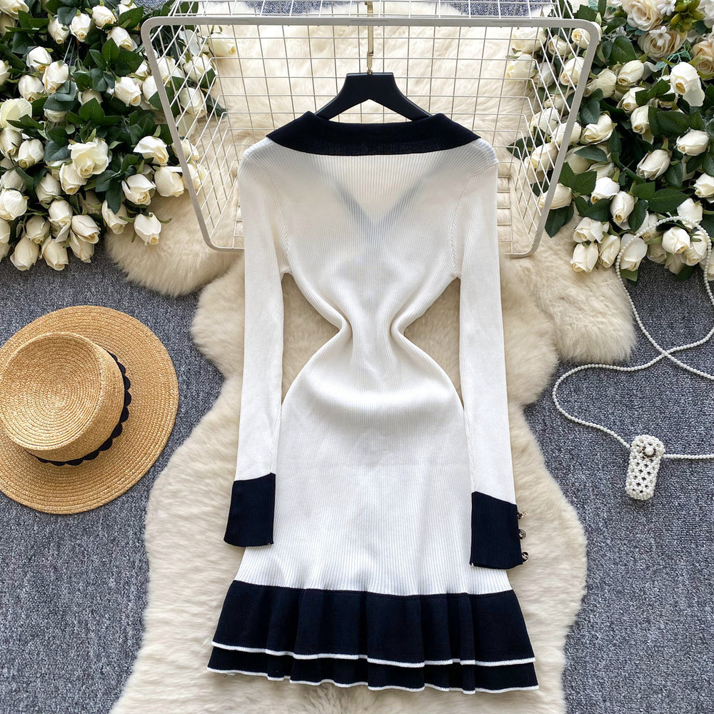 Frenchretrocontrast colorpolo collarlong sleeves single breasted silmdress women's waistelegantrufflessweater skirt