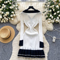 Frenchretrocontrast colorpolo collarlong sleeves single breasted silmdress women's waistelegantrufflessweater skirt