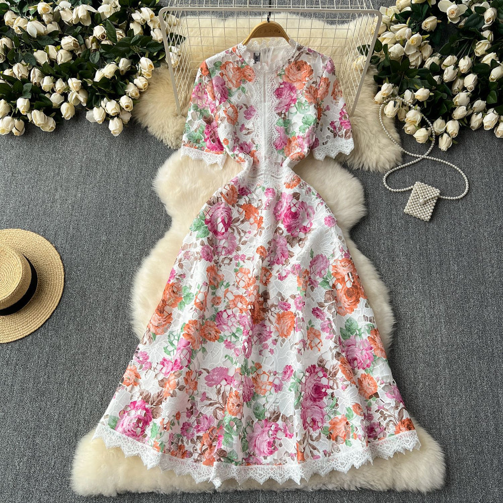 High-end women's summer  new french retro elegant lace patchwork printed waist-cinching chic evening dress