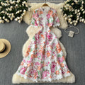High-end women's summer  new french retro elegant lace patchwork printed waist-cinching chic evening dress