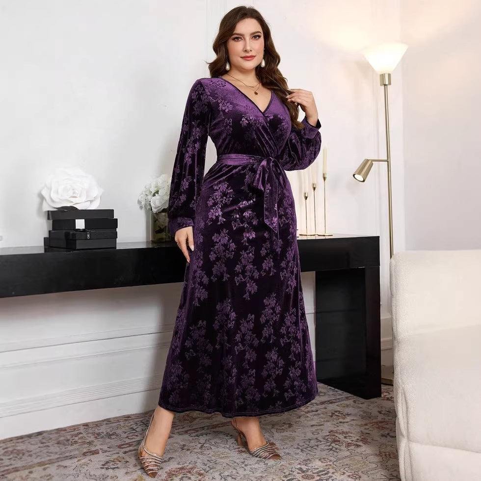 fashioncross-borderplus size women's silm long skirt gold velvet slimming look embossed long sleevesdress