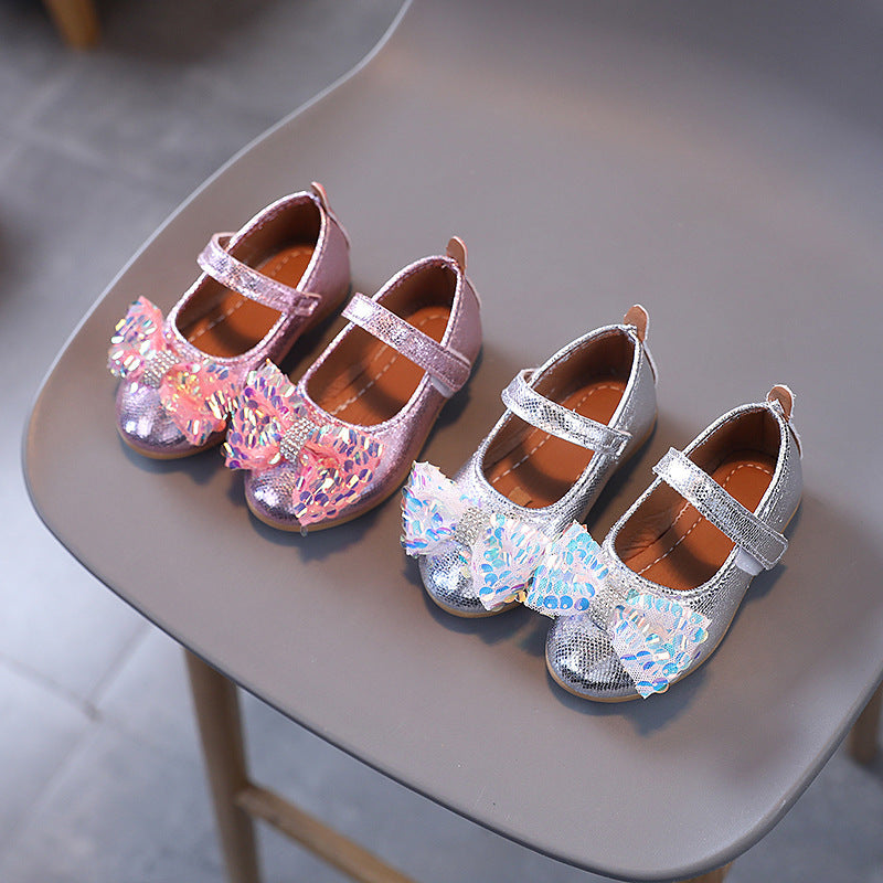 Girls' princess shoes, baby girl leather shoes, new summer soft-soled children's shoes, kids' shoes, baby sequin bow shoes