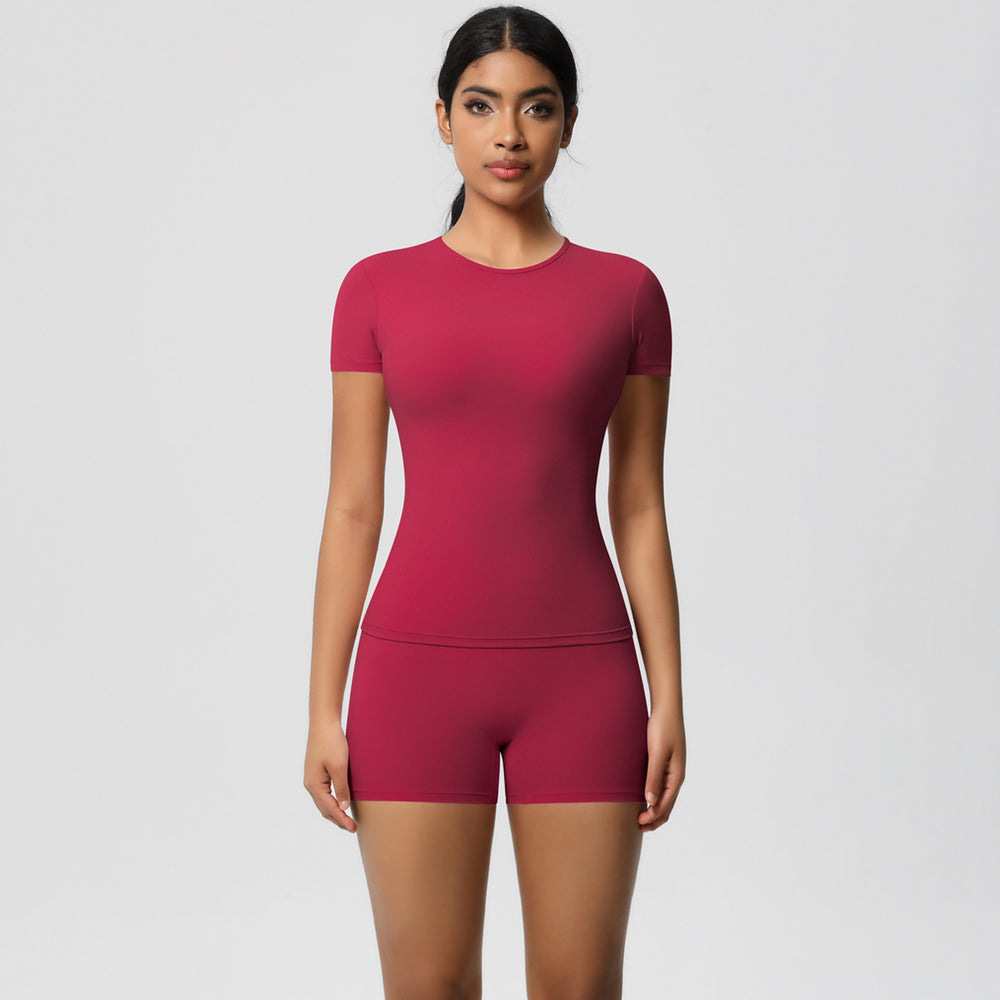 European and american nude feel tight-fitting short-sleeve t-shirt yoga outfit high-waisted butt-lifting quick-dry shorts running sports fitness set for women