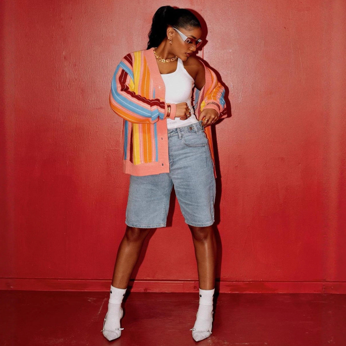 Cross-border European and American style 2025 new women's clothing fashion contrasting color knitted striped long-sleeved personalized loose knitted cardigan