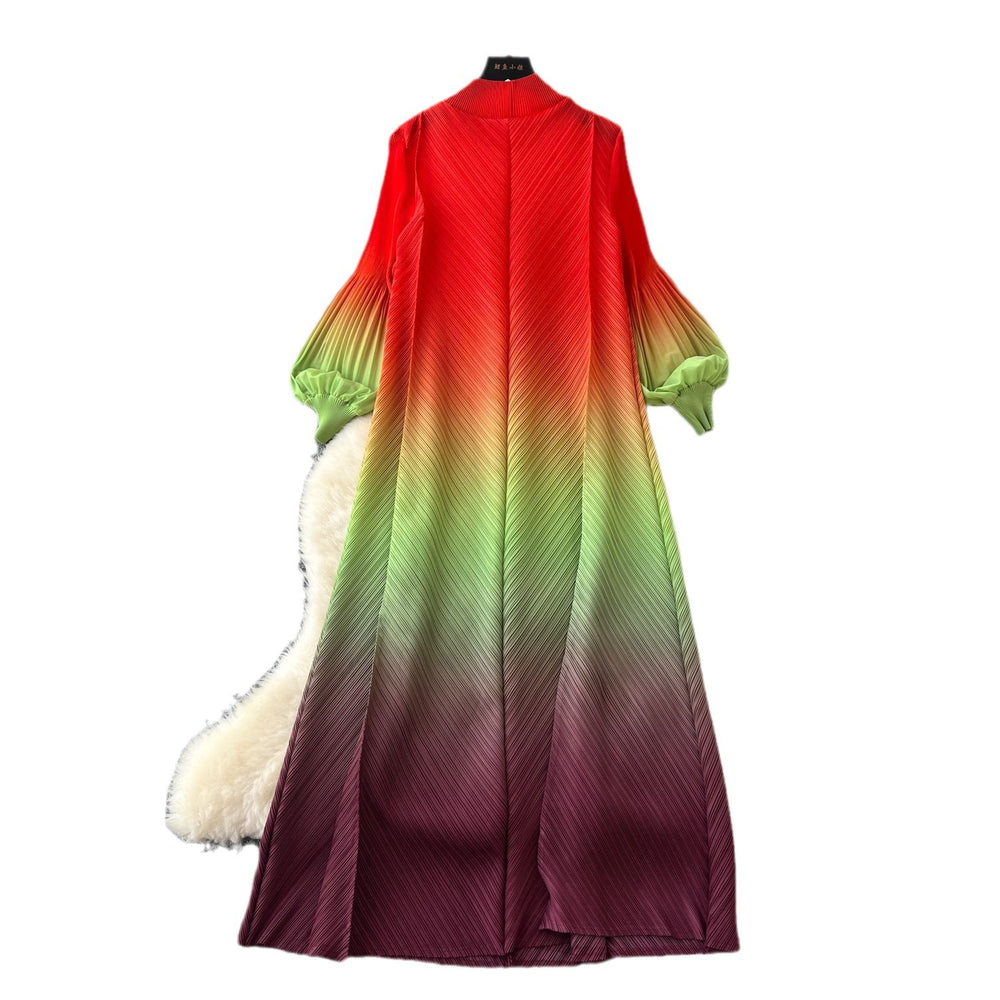 fashion gradient lantern sleeve pleated dress - women's spring/autumn loose a-line maxi dress