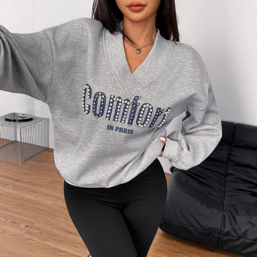 v-neck beaded letter sweatshirt women's loose lazy style pullover shirt fashion stylecasualeasiest for matchtops