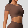 Ready-to-ship, cross-border, double-sided brushed, built-in bra, form-fitting, short-sleeve yoga top, pilates, running, and workout t-shirt for women