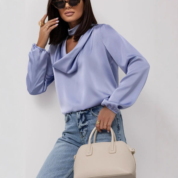 Cross-border hot sale,  temu European and American drape neck shirt simple long-sleeved loose women's shirt