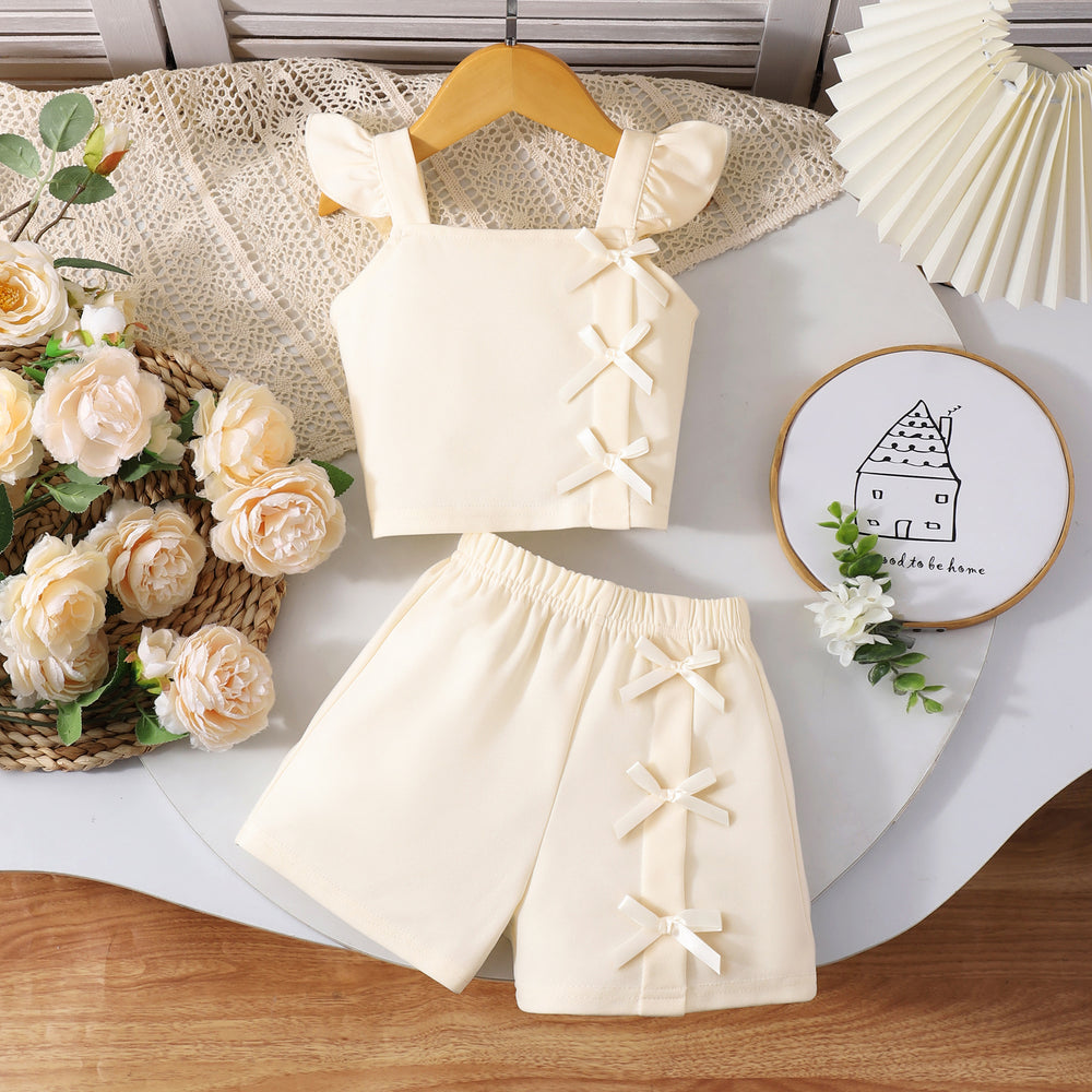 Girls' two-piece outfit: bow-embellished flutter sleeve top + shorts set