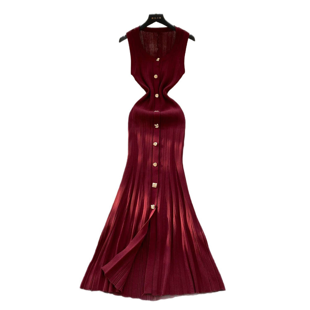 Xiaoxiangfengclassy round neck sleeveless knittingdress women's silmslimming look metal button tight hip-hugging long skirt