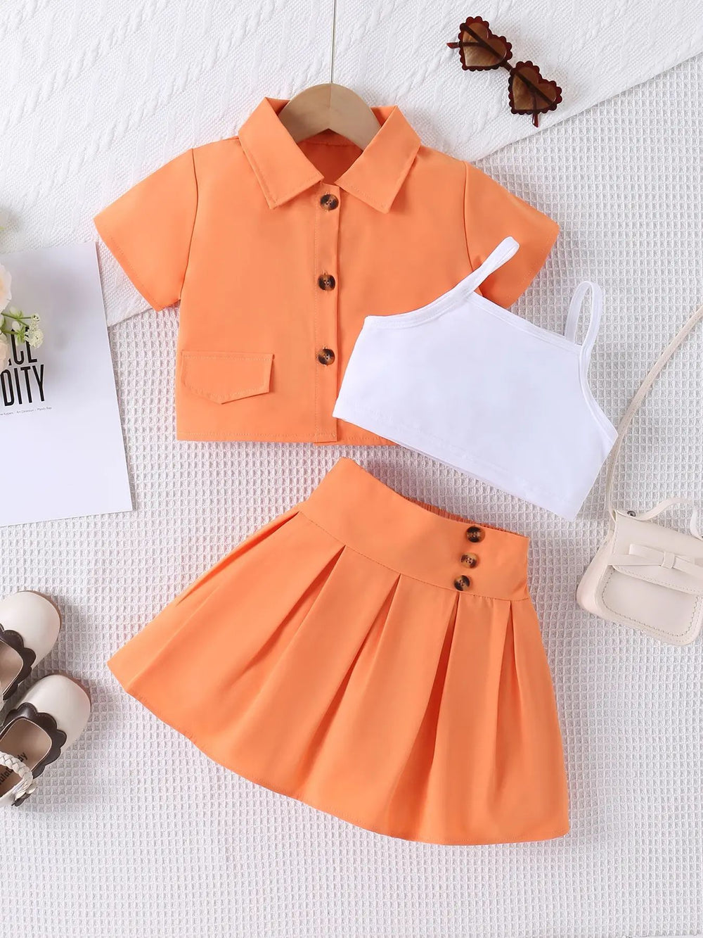 Girls' fashion collared neon outfit - 3-piece set: cami top + collared blouse + skirt set