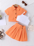 Girls' fashion collared neon outfit - 3-piece set: cami top + collared blouse + skirt set